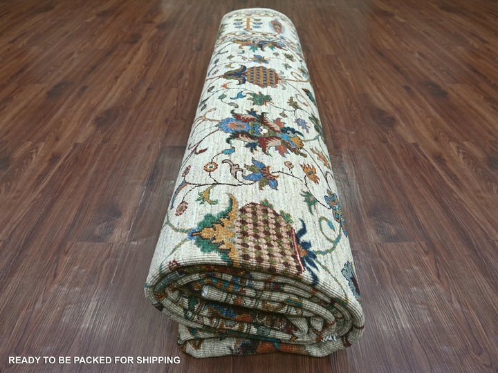 10'7" x 13'7" New Hand Knotted Ivory Wool Rectangle Oriental Rug - MOA10221402