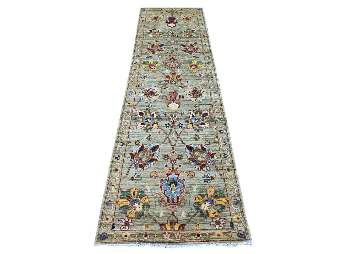 2'8" x 9'5" New Hand Knotted Green Wool Runner Oriental Rug - MOA10221451