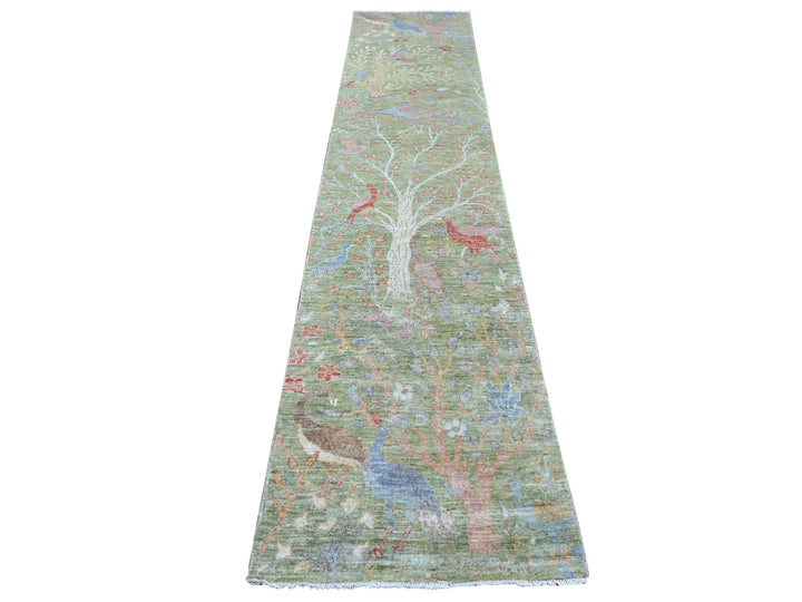2'6" x 11'11" New Hand Knotted Green Wool Runner Oriental Rug - MOA10221490