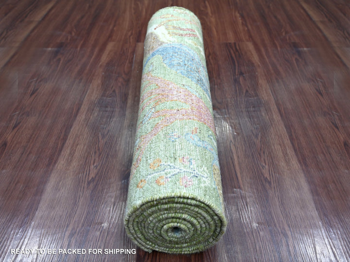 2'6" x 11'11" New Hand Knotted Green Wool Runner Oriental Rug - MOA10221490