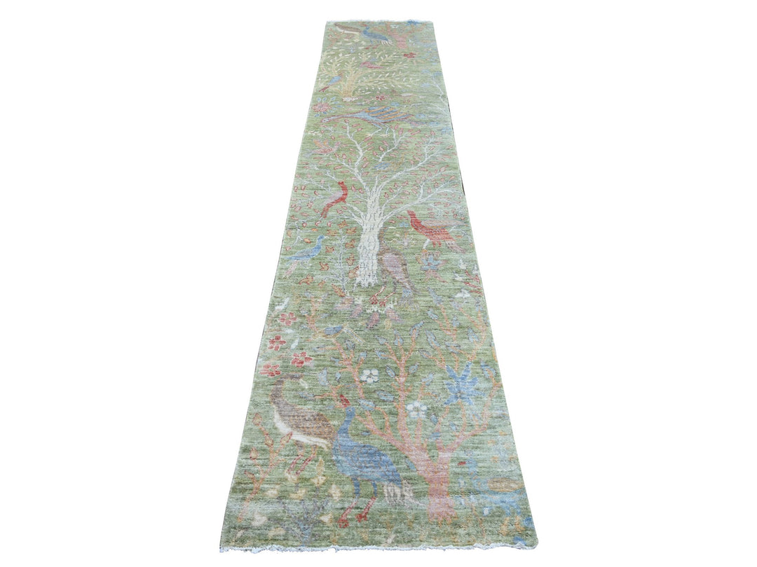 2'6" x 11'9" New Hand Knotted Green Wool Runner Oriental Rug - MOA10221493