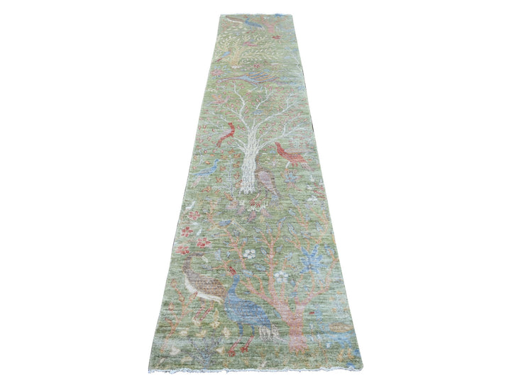 2'6" x 11'9" New Hand Knotted Green Wool Runner Oriental Rug - MOA10221493