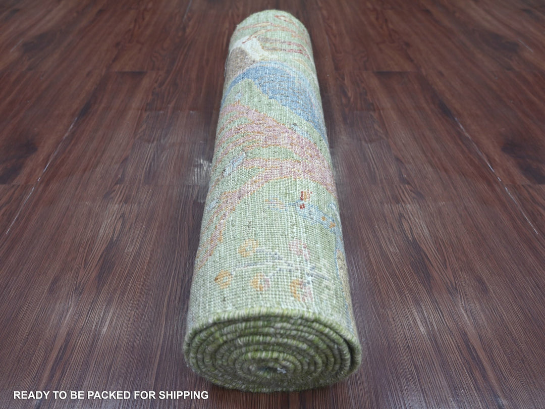 2'6" x 11'9" New Hand Knotted Green Wool Runner Oriental Rug - MOA10221493