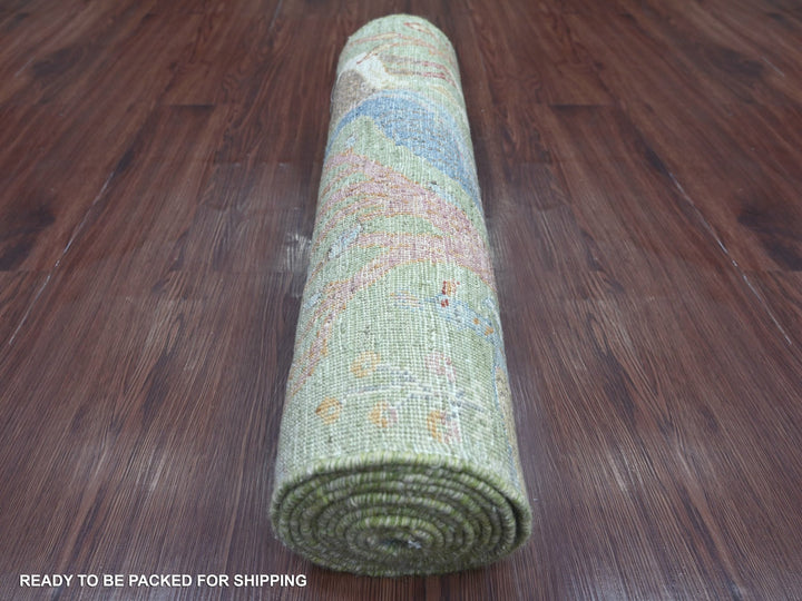 2'6" x 11'9" New Hand Knotted Green Wool Runner Oriental Rug - MOA10221493