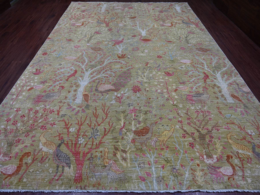 9'8" x 13'6" New Hand Knotted Green Wool Rectangle Oriental Rug - MOA10221507