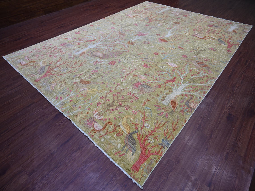 9'8" x 13'6" New Hand Knotted Green Wool Rectangle Oriental Rug - MOA10221507