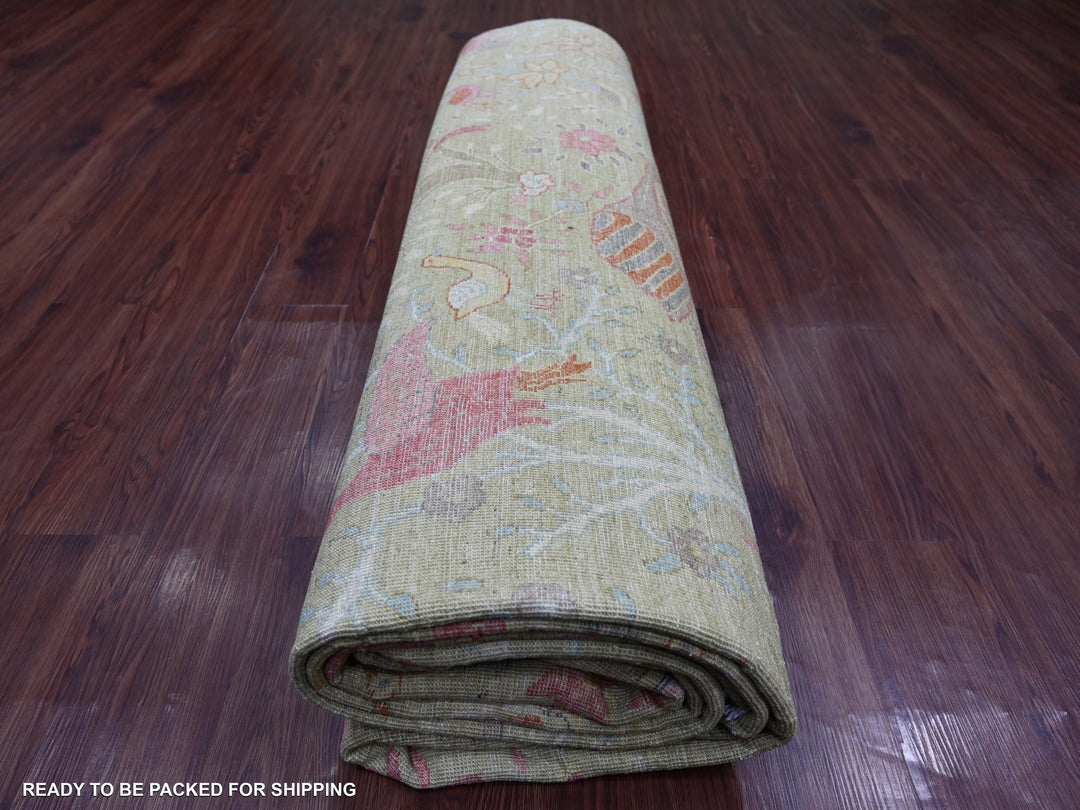 9'8" x 13'6" New Hand Knotted Green Wool Rectangle Oriental Rug - MOA10221507