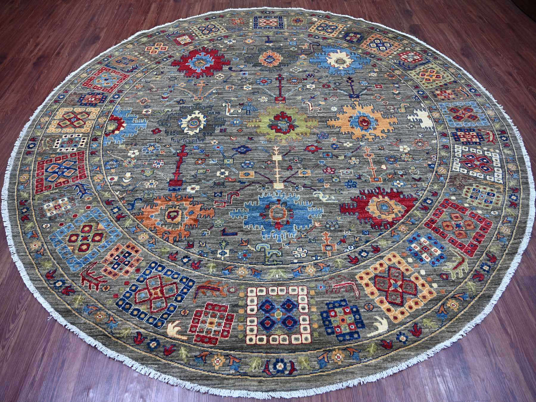 9'10" x 10'0" New Hand Knotted Grey Wool Round Oriental Rug - MOA10221535