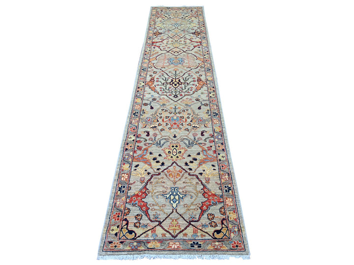 2'7" x 11'7" New Hand Knotted Grey Wool Runner Oriental Rug - MOA10221581