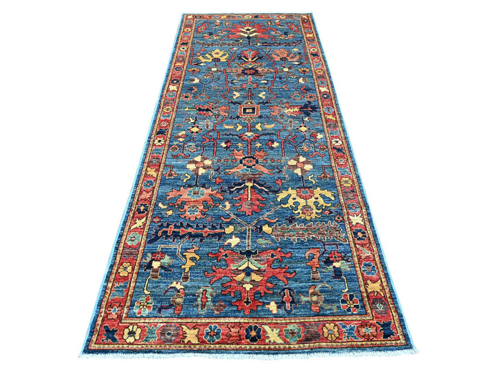 4'0" x 10'0" New Hand Knotted Blue Wool Runner Oriental Rug - MOA10221597