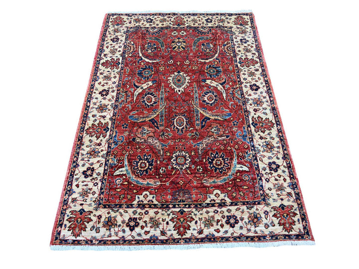 3'11" x 5'10" New Hand Knotted Red Wool Rectangle Oriental Rug - MOA10221598