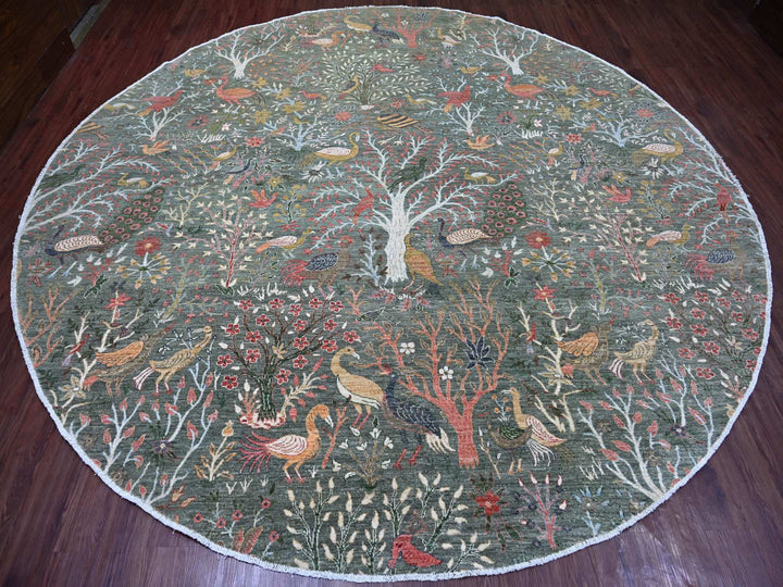 12'2" x 12'2" New Hand Knotted Green Wool Round Oriental Rug - MOA10221603