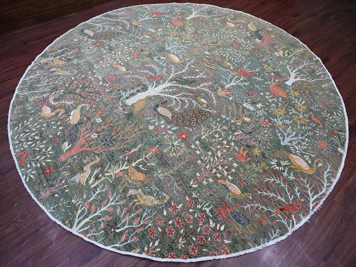 12'2" x 12'2" New Hand Knotted Green Wool Round Oriental Rug - MOA10221603