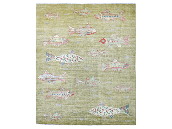 8'2" x 9'9" New Hand Knotted Green Wool Rectangle Oriental Rug - MOA10221620