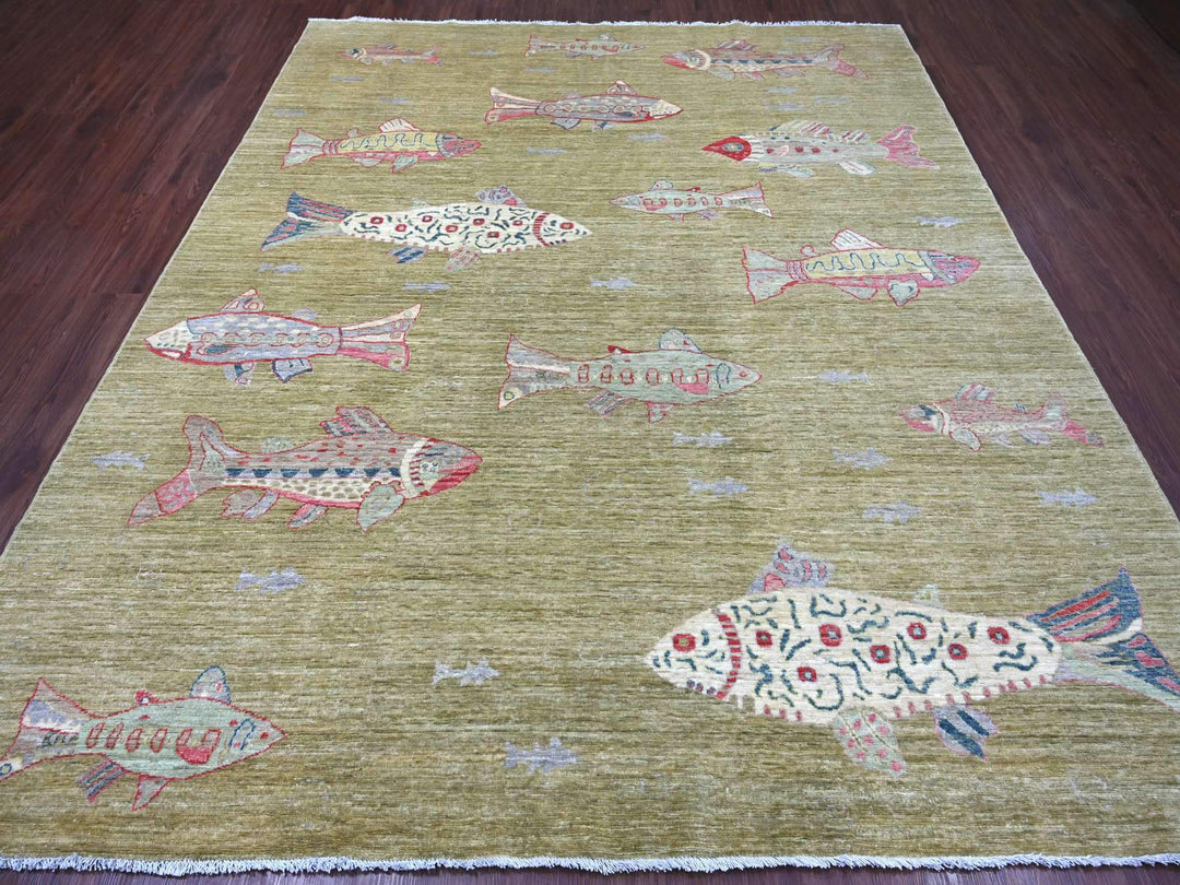 8'2" x 9'9" New Hand Knotted Green Wool Rectangle Oriental Rug - MOA10221620