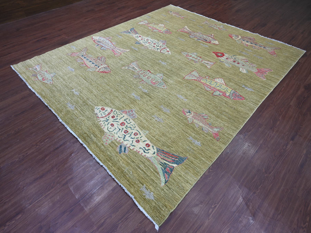 8'2" x 9'9" New Hand Knotted Green Wool Rectangle Oriental Rug - MOA10221620