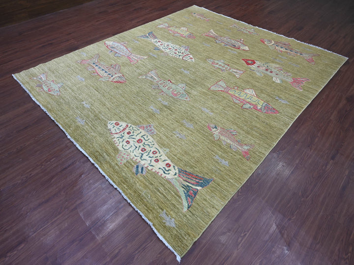8'2" x 9'9" New Hand Knotted Green Wool Rectangle Oriental Rug - MOA10221620