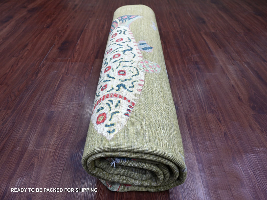 8'2" x 9'9" New Hand Knotted Green Wool Rectangle Oriental Rug - MOA10221620