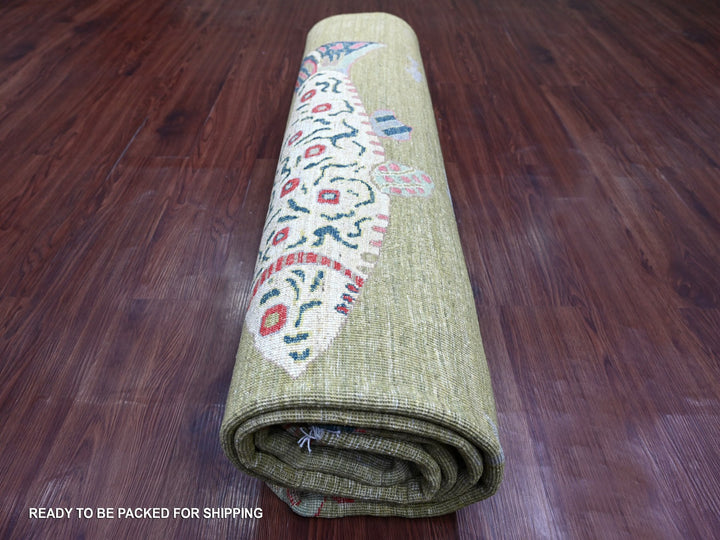 8'2" x 9'9" New Hand Knotted Green Wool Rectangle Oriental Rug - MOA10221620