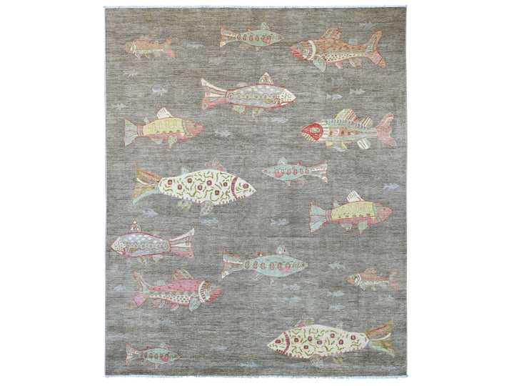 7'9" x 9'7" New Hand Knotted Grey Wool Rectangle Oriental Rug - MOA10221621
