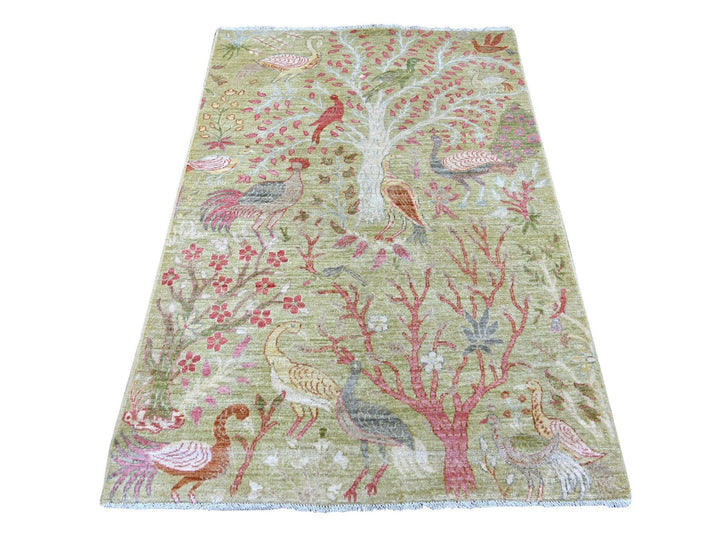 3'11" x 5'8" New Hand Knotted Green Wool Rectangle Oriental Rug - MOA10221632