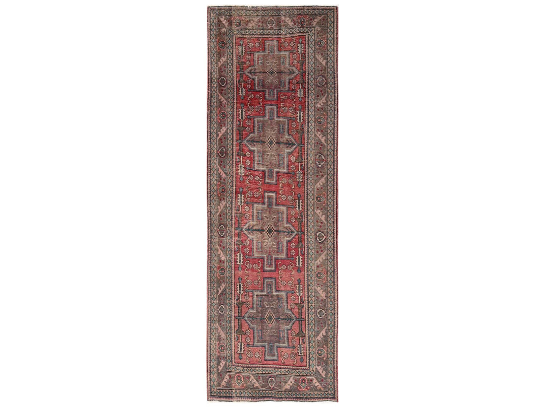 3'3" x 9'3" Vintage Hand Knotted Red Wool Runner Oriental Rug - MOA1022163