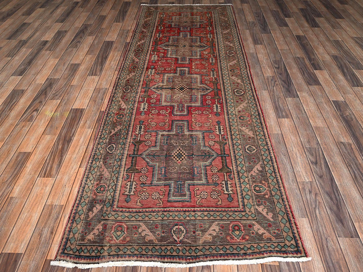 3'3" x 9'3" Vintage Hand Knotted Red Wool Runner Oriental Rug - MOA1022163