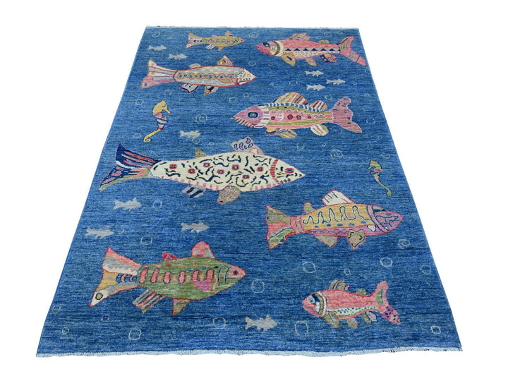 4'11" x 6'10" New Hand Knotted Blue Wool Rectangle Oriental Rug - MOA10221657