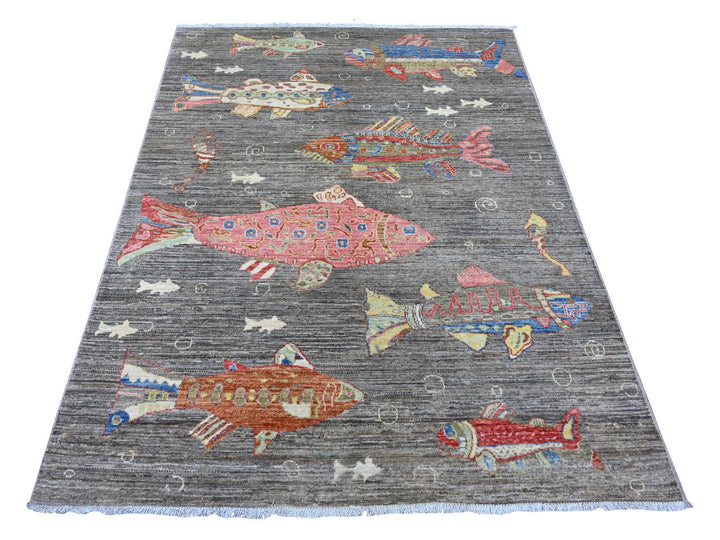 4'11" x 6'6" New Hand Knotted Grey Wool Rectangle Oriental Rug - MOA10221659