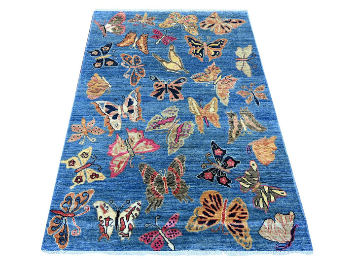 3'11" x 5'7" New Hand Knotted Blue Wool Rectangle Oriental Rug - MOA10221660