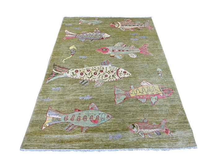 5'0" x 6'10" New Hand Knotted Green Wool Rectangle Oriental Rug - MOA10221661