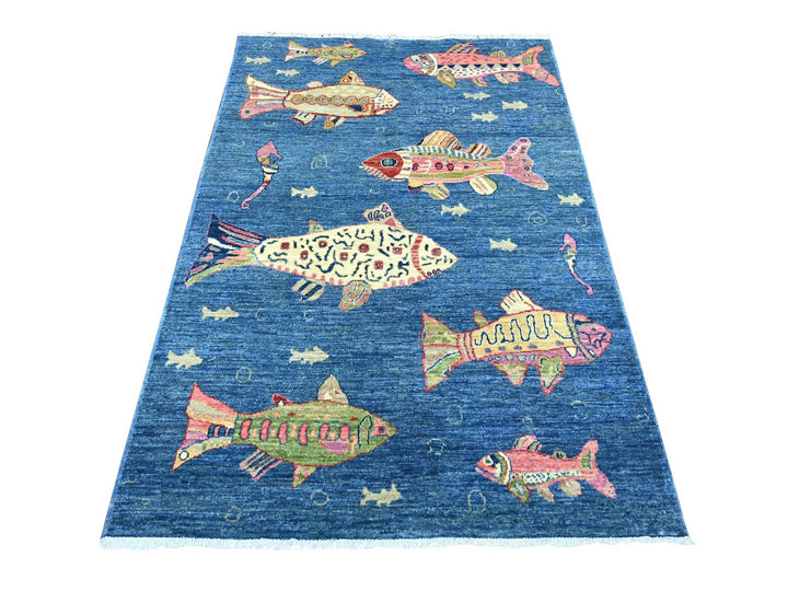 4'1" x 6'0" New Hand Knotted Blue Wool Rectangle Oriental Rug - MOA10221664