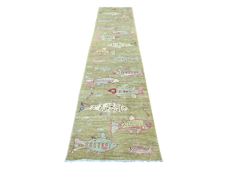 2'7" x 11'5" New Hand Knotted Green Wool Runner Oriental Rug - MOA10221706