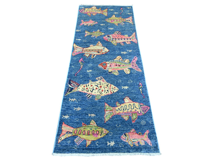 2'5" x 6'3" New Hand Knotted Blue Wool Runner Oriental Rug - MOA10221708