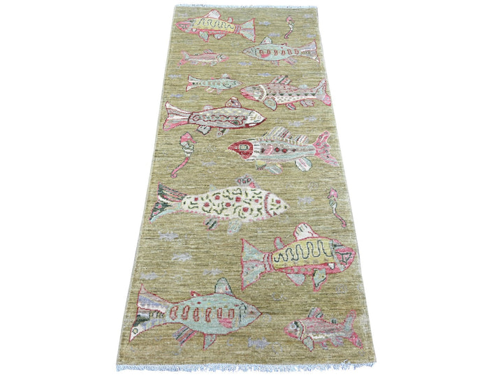 2'6" x 5'11" New Hand Knotted Green Wool Runner Oriental Rug - MOA10221709