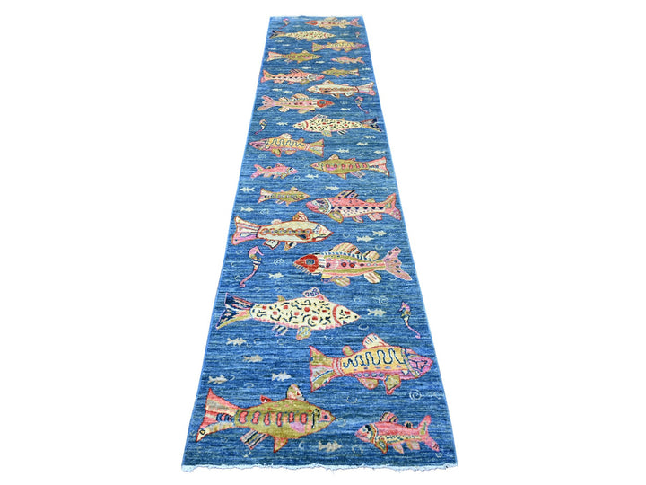 2'6" x 11'7" New Hand Knotted Blue Wool Runner Oriental Rug - MOA10221712