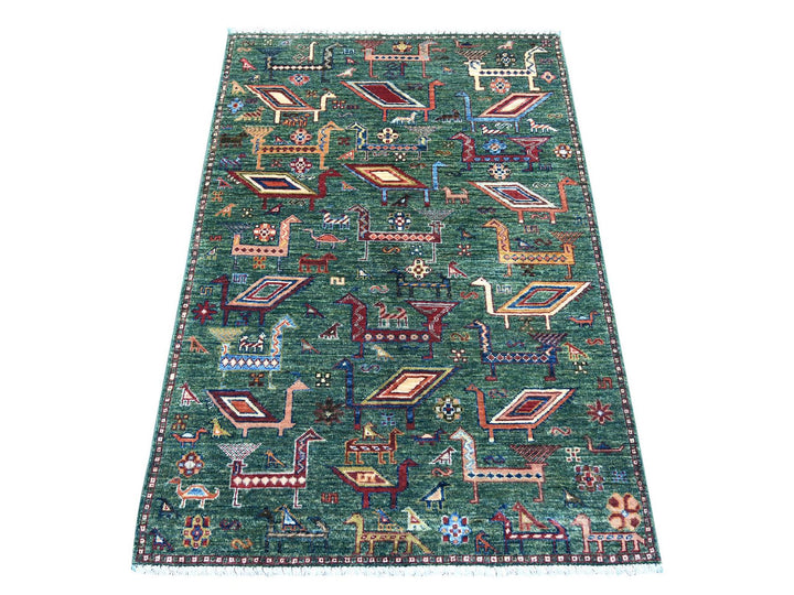 3'4" x 4'11" New Hand Knotted Green Wool Rectangle Oriental Rug - MOA10221725