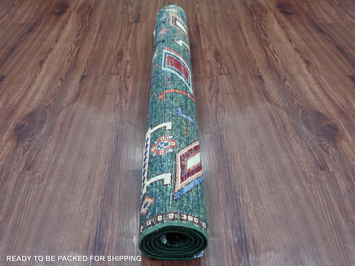 3'4" x 4'11" New Hand Knotted Green Wool Rectangle Oriental Rug - MOA10221725
