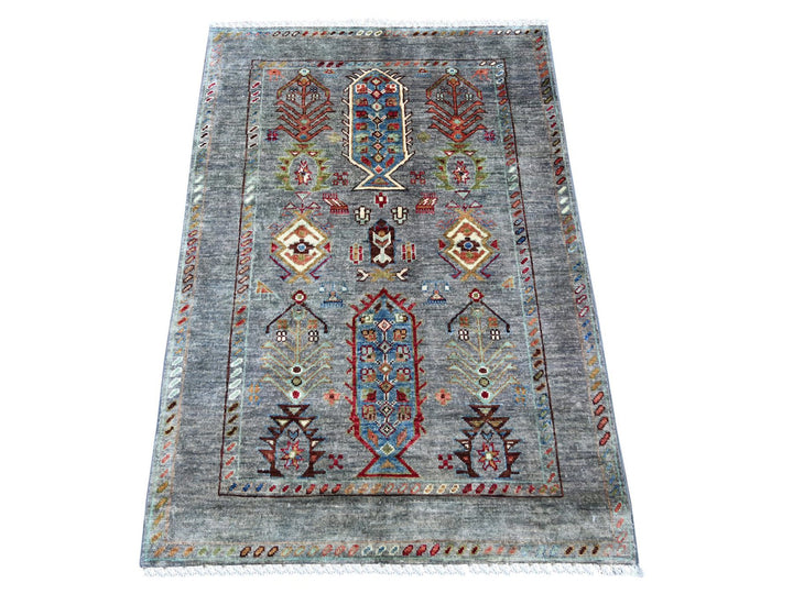 2'10" x 4'1" New Hand Knotted Grey Wool Rectangle Oriental Rug - MOA10221726