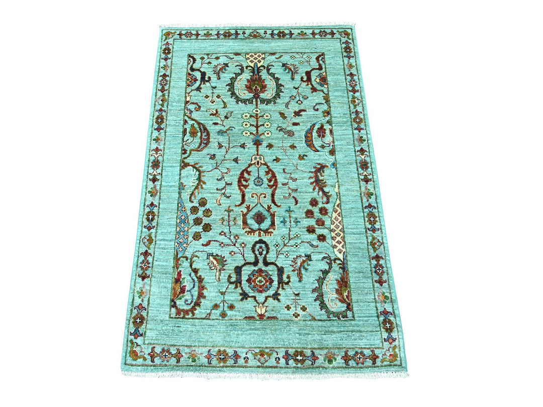 2'7" x 4'2" New Hand Knotted Green Wool Rectangle Oriental Rug - MOA10221741