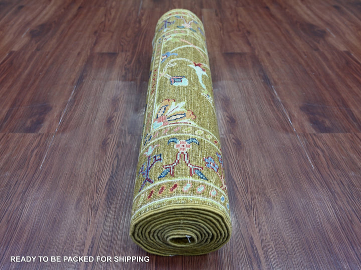 2'7" x 11'7" New Hand Knotted Yellow Wool Runner Oriental Rug - MOA10221748