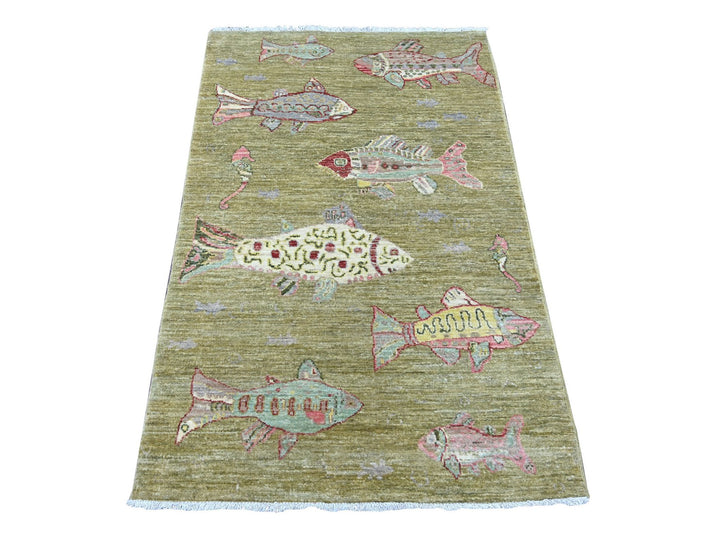 3'1" x 4'9" New Hand Knotted Green Wool Rectangle Oriental Rug - MOA10221763