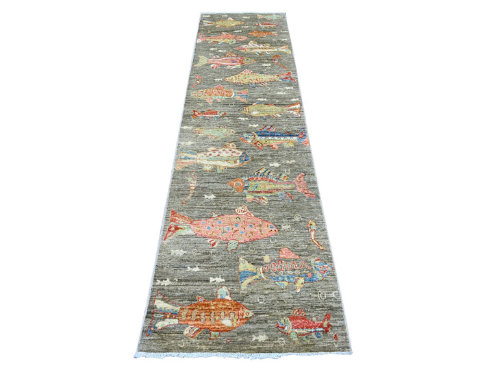 2'6" x 9'7" New Hand Knotted Grey Wool Runner Oriental Rug - MOA10221767