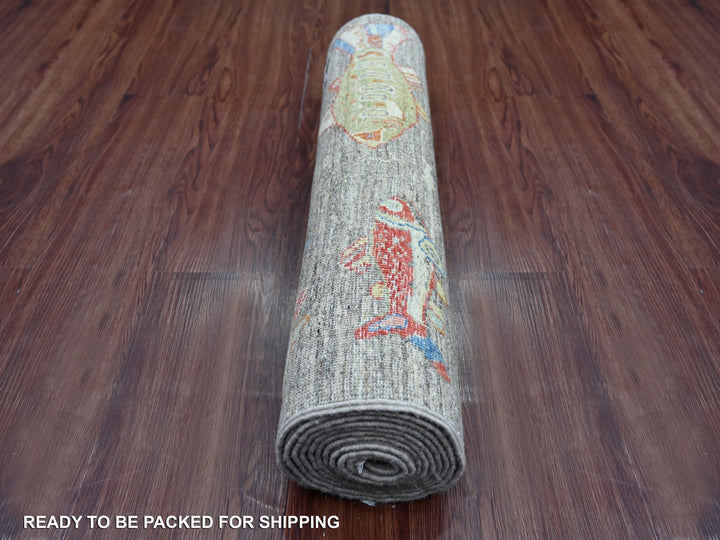 2'6" x 9'7" New Hand Knotted Grey Wool Runner Oriental Rug - MOA10221767