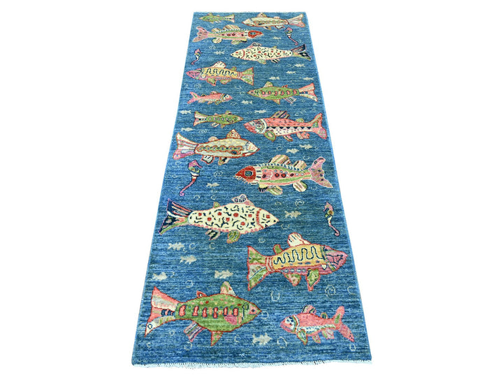 2'8" x 7'10" New Hand Knotted Blue Wool Runner Oriental Rug - MOA10221768