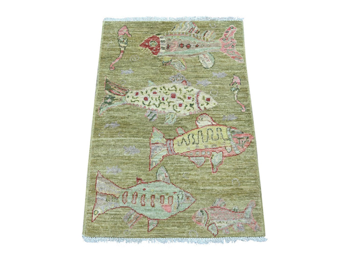 2'1" x 2'11" New Hand Knotted Green Wool Rectangle Oriental Rug - MOA10221772