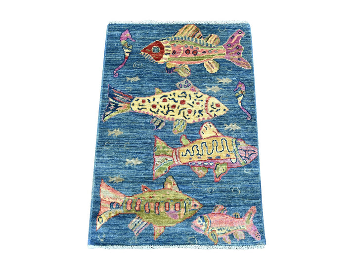 2'0" x 2'10" New Hand Knotted Blue Wool Rectangle Oriental Rug - MOA10221773