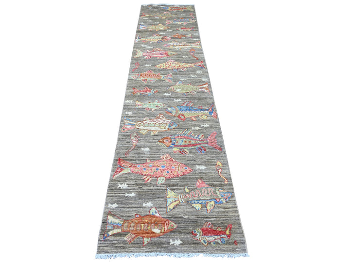 2'7" x 11'7" New Hand Knotted Grey Wool Runner Oriental Rug - MOA10221790