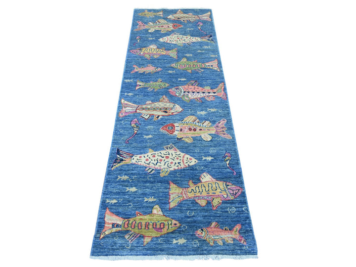 2'7" x 7'10" New Hand Knotted Blue Wool Runner Oriental Rug - MOA10221792
