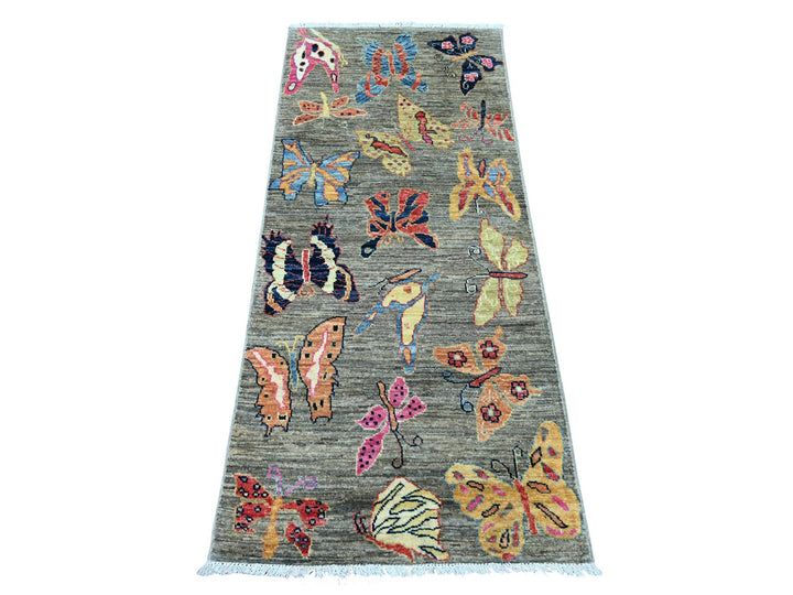 2'5" x 5'9" New Hand Knotted Grey Wool Runner Oriental Rug - MOA10221793